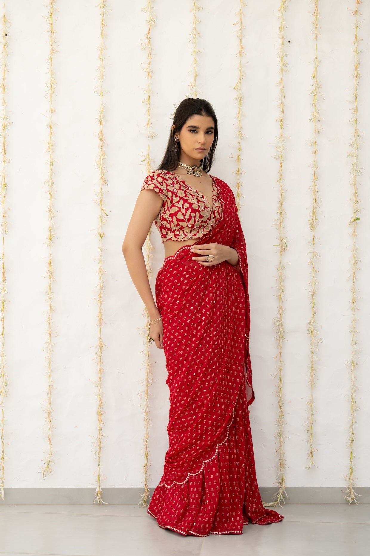 Cherry Red Georgette Draped Saree Set