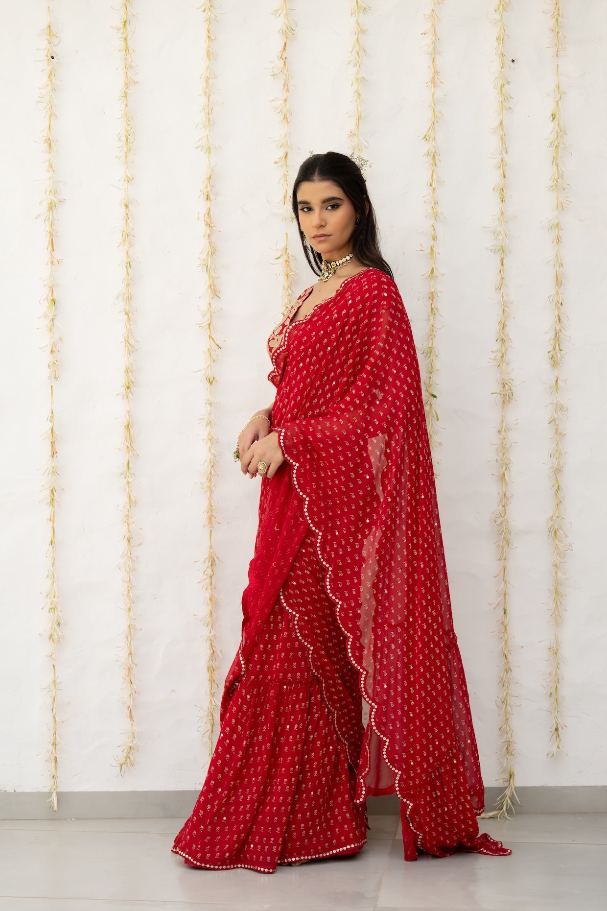 Cherry Red Georgette Draped Saree Set