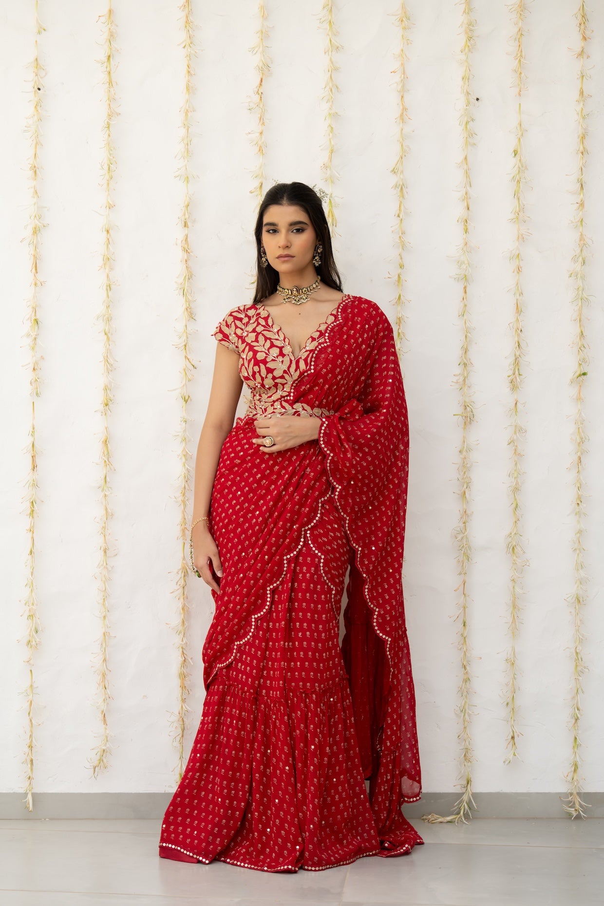 Cherry Red Georgette Draped Saree Set