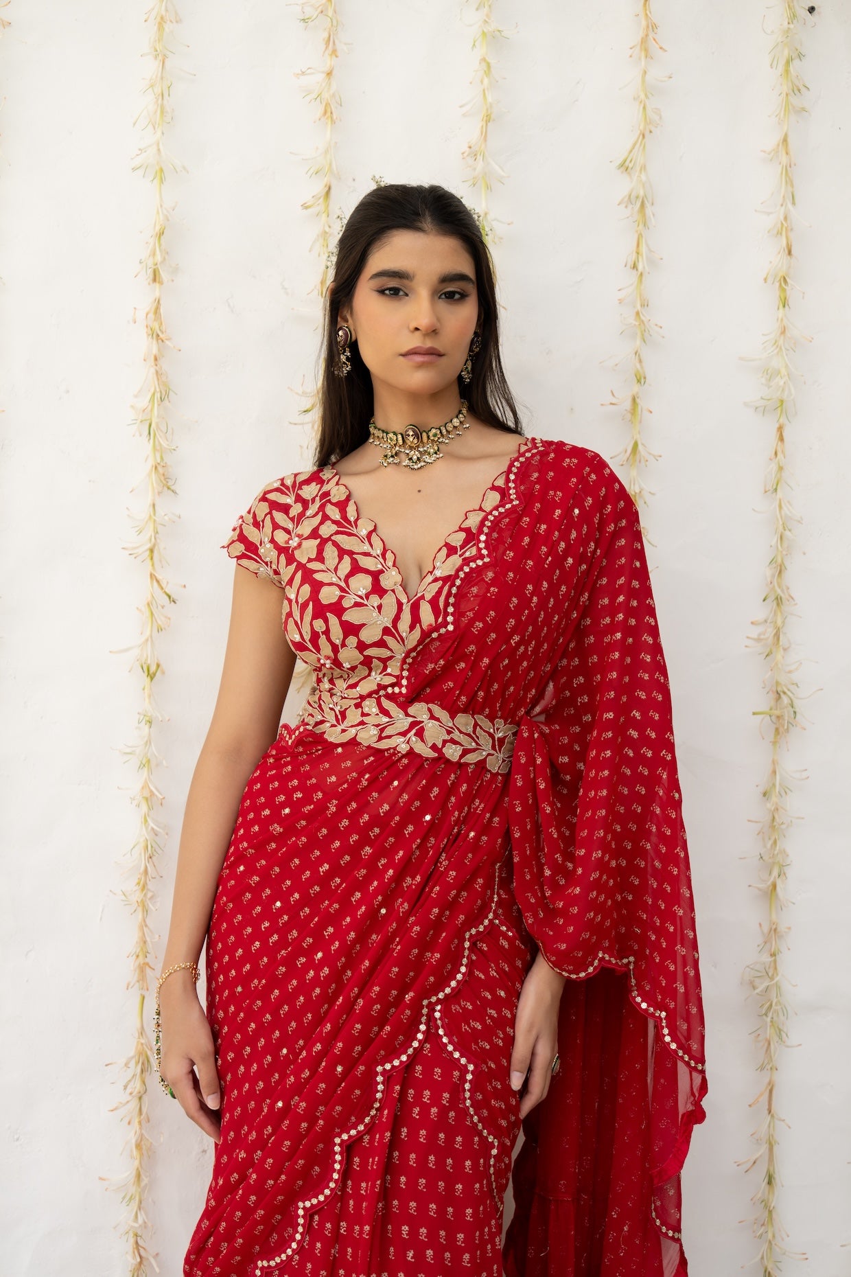 Cherry Red Georgette Draped Saree Set