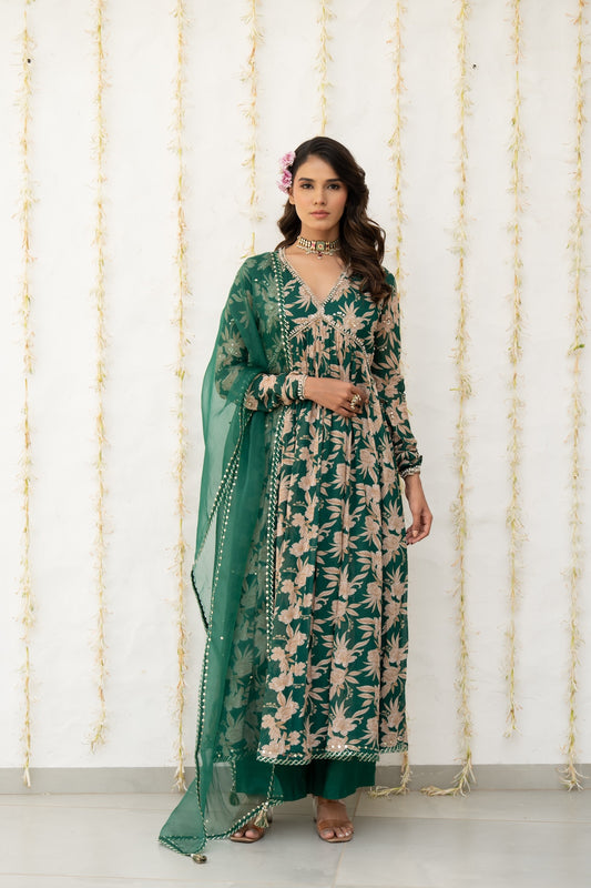 Bottle Green Crepe Printed Anarkali Set