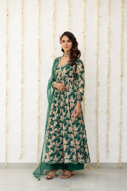 Bottle Green Crepe Printed Anarkali Set