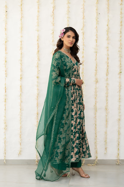Bottle Green Crepe Printed Anarkali Set