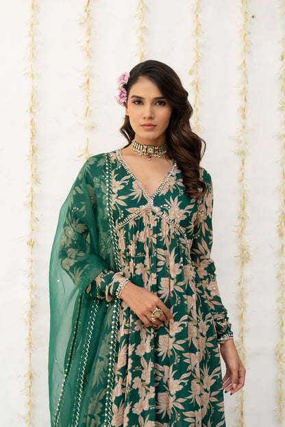Bottle Green Crepe Printed Anarkali Set