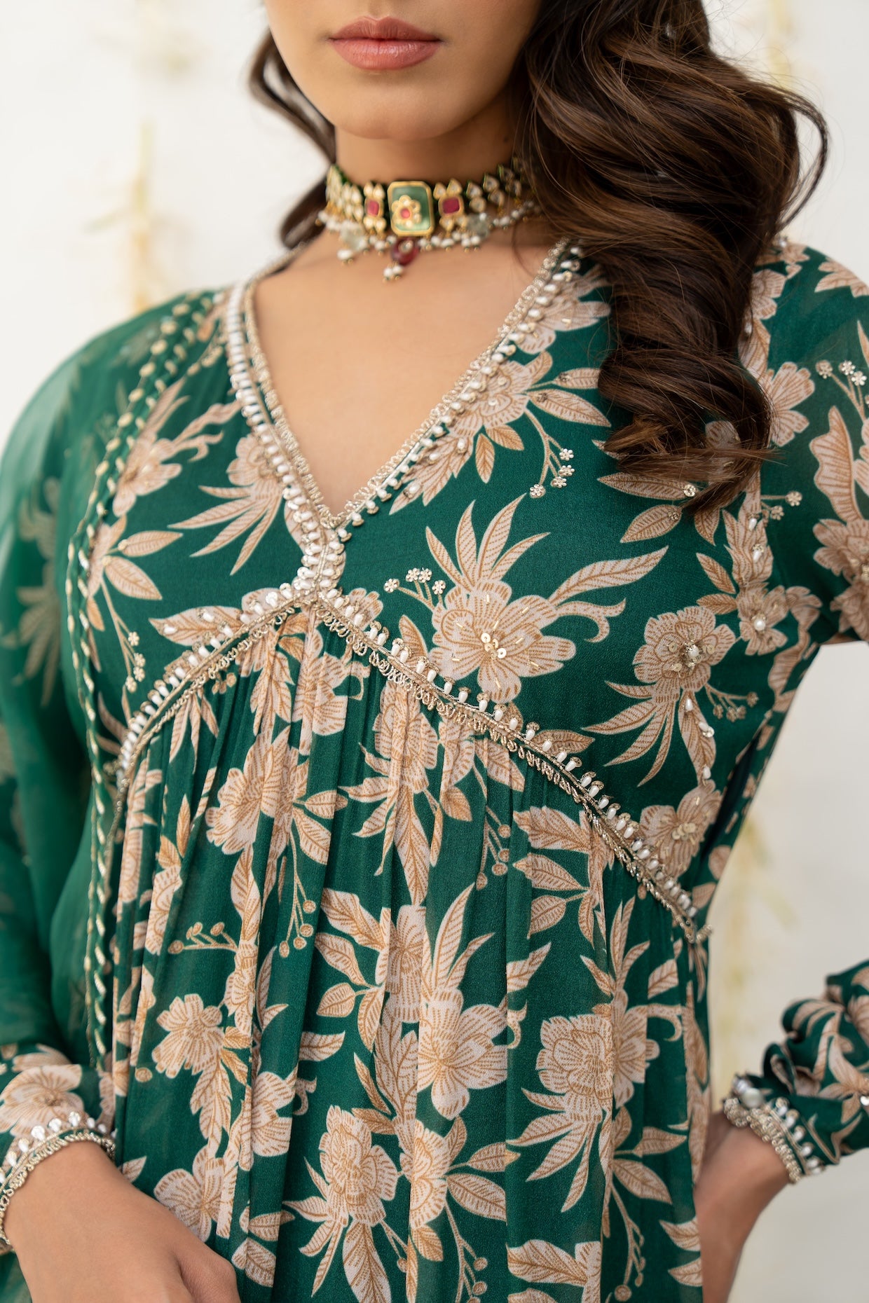 Bottle Green Crepe Printed Anarkali Set