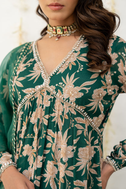 Bottle Green Crepe Printed Anarkali Set