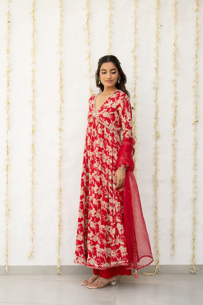 Cherry Red Crepe Printed Anarkali Set
