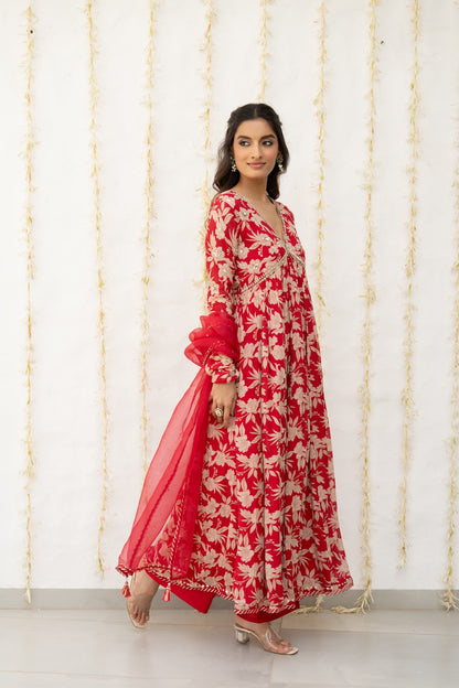 Cherry Red Crepe Printed Anarkali Set