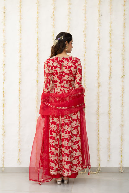 Cherry Red Crepe Printed Anarkali Set