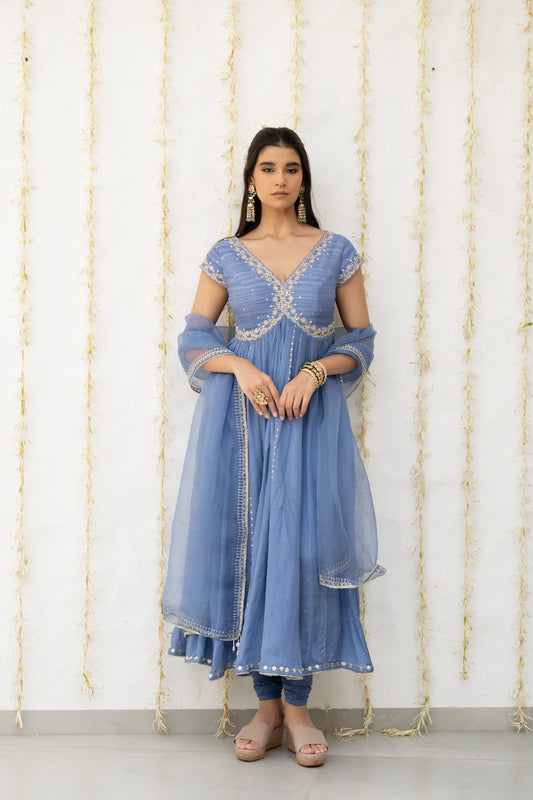 Cornflower Blue Embroidered Anarkali Set