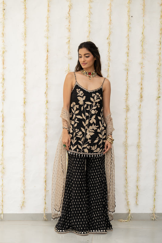 Charcoal Black Silk Embroidered Sharara Set