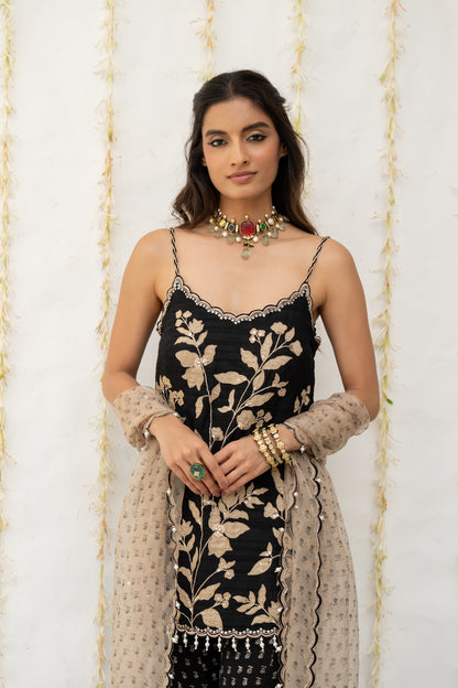 Charcoal Black Silk Embroidered Sharara Set