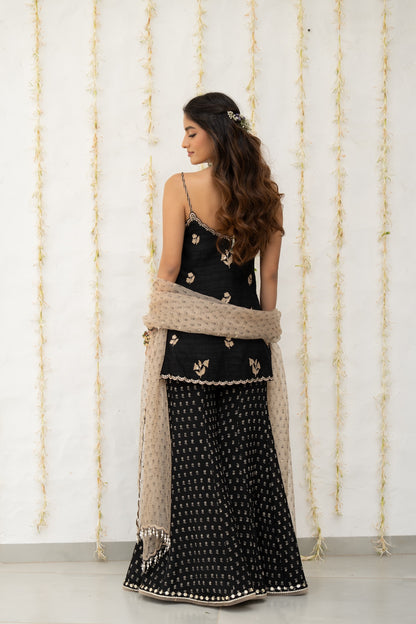 Charcoal Black Silk Embroidered Sharara Set