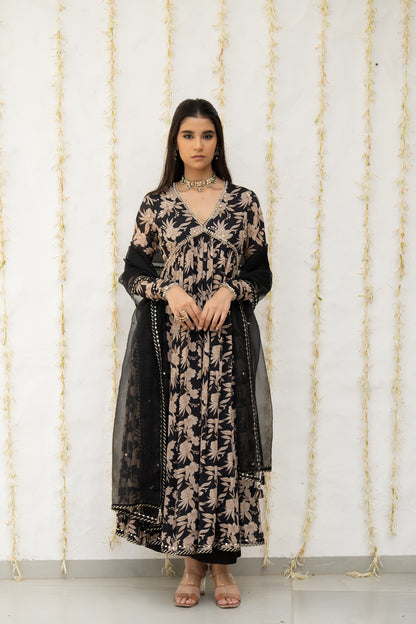 Charcoal Black Crepe Printed Anarkali Set