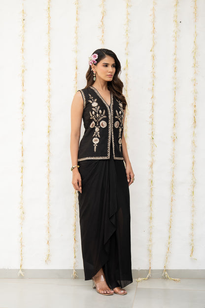 Charcoal Black Silk Waistcoat Jacket Set