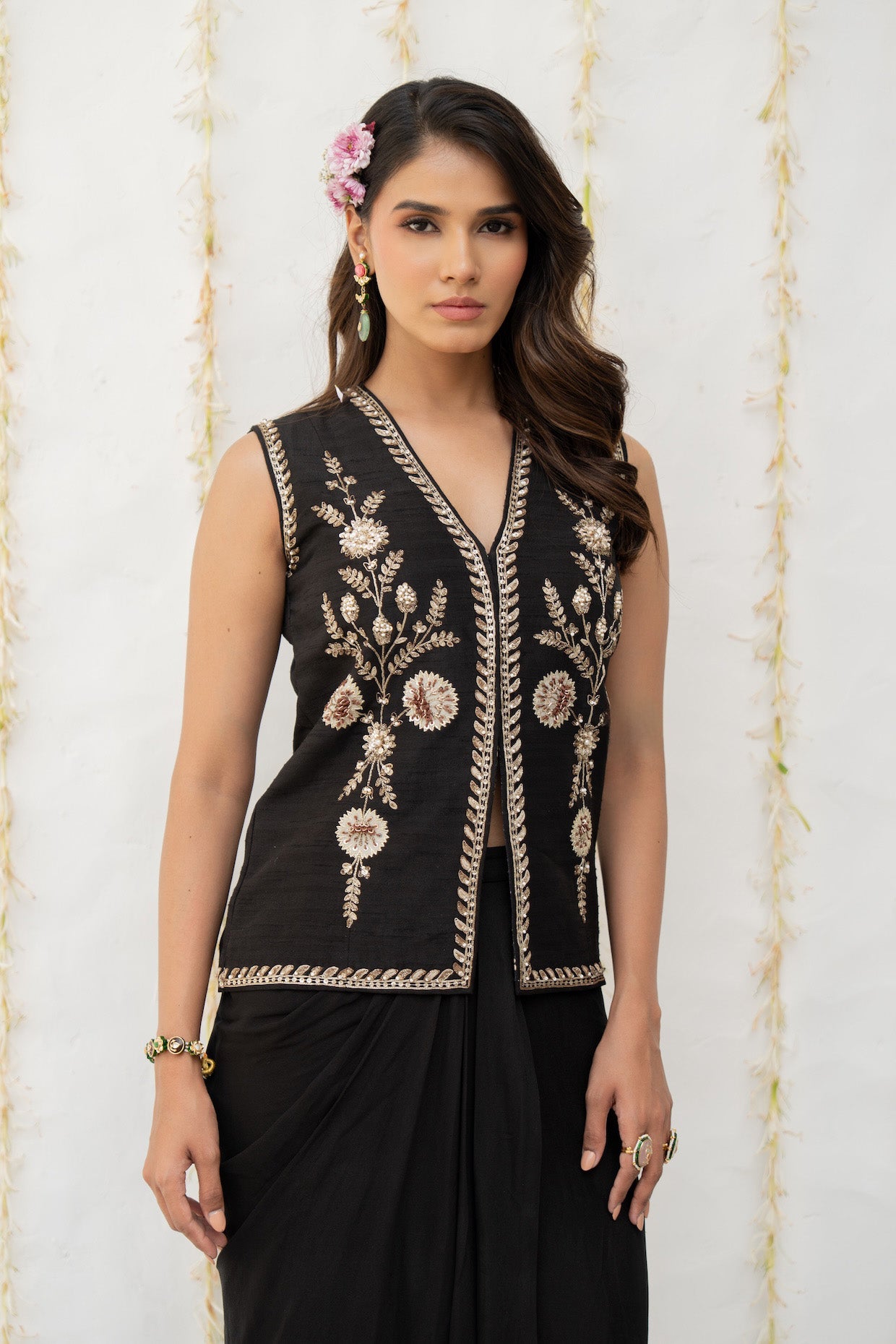 Charcoal Black Silk Waistcoat Jacket Set