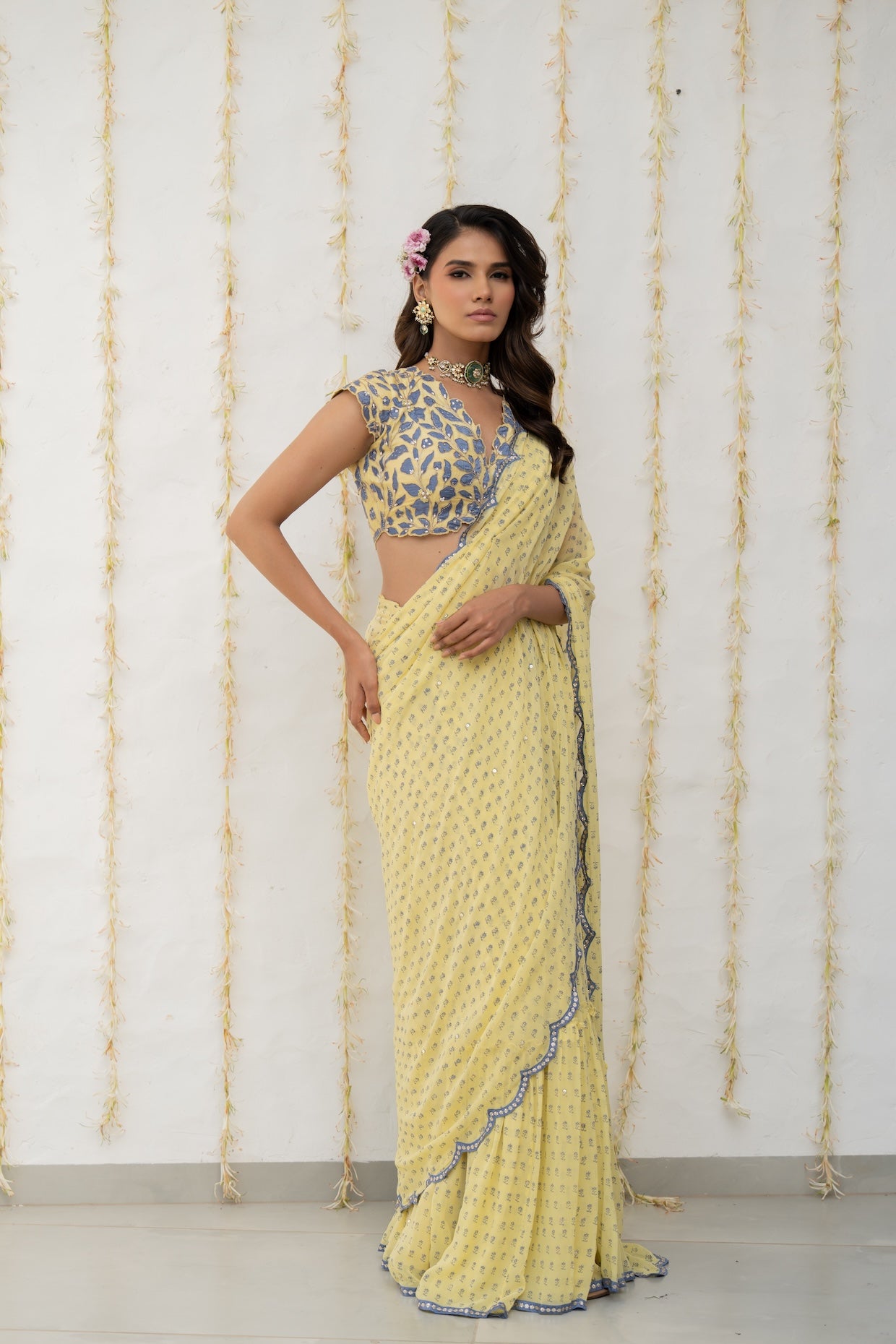 Butter Yellow Georgette Draped Saree Set