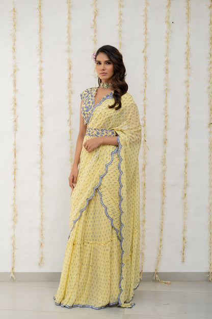 Butter Yellow Georgette Draped Saree Set