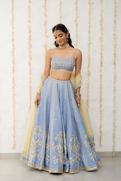 Cornflower Blue Silk Embroidered Lehenga Set