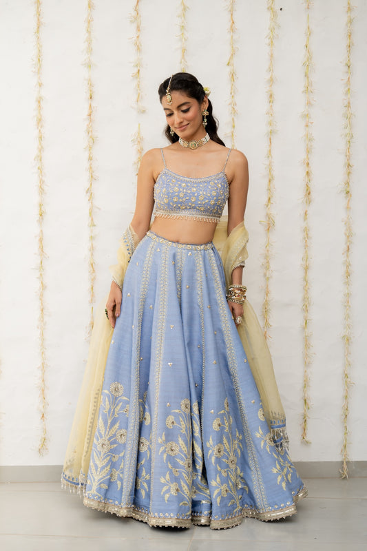 Cornflower Blue Silk Embroidered Lehenga Set