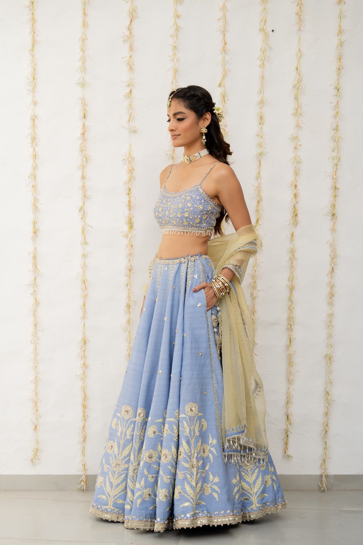 Cornflower Blue Silk Embroidered Lehenga Set
