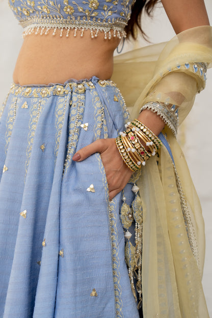 Cornflower Blue Silk Embroidered Lehenga Set