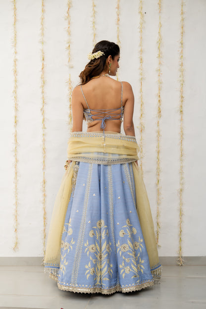Cornflower Blue Silk Embroidered Lehenga Set
