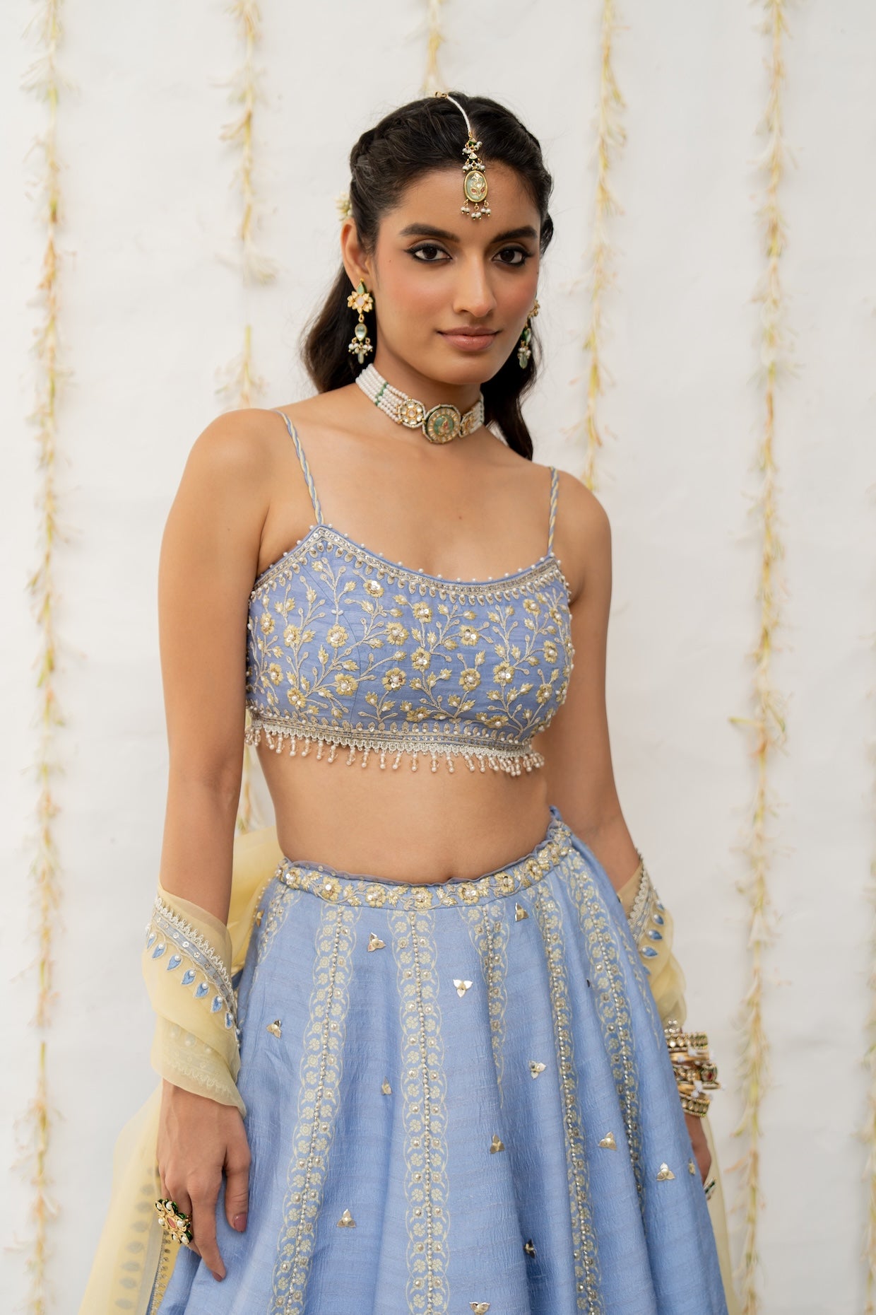 Cornflower Blue Silk Embroidered Lehenga Set