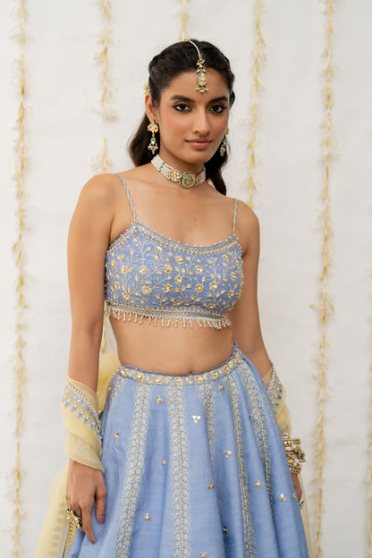 Cornflower Blue Silk Embroidered Lehenga Set