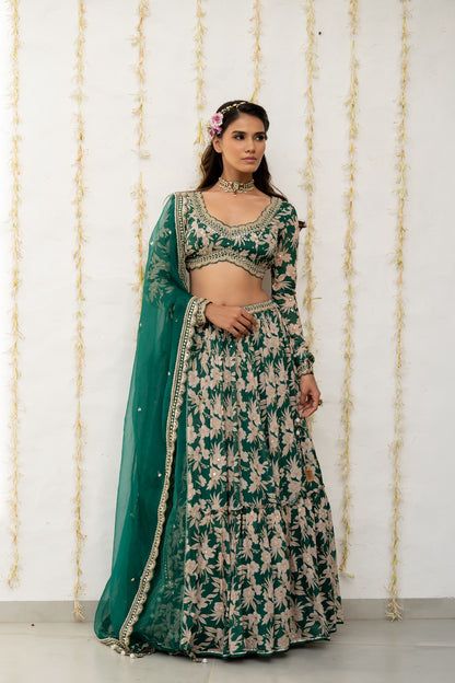 Bottle Green Crepe Tiered Skirt Set