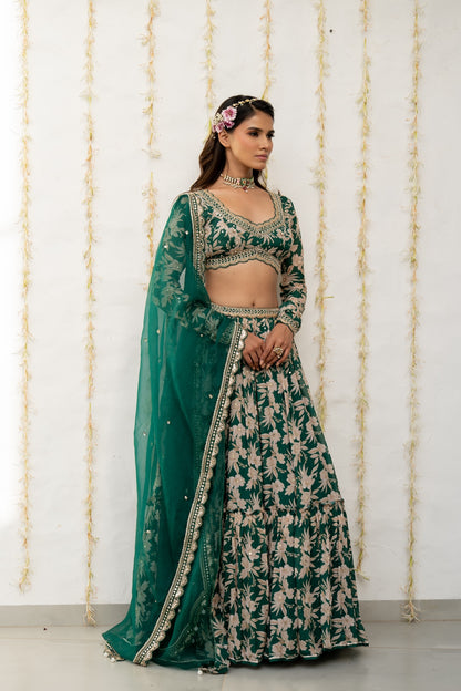 Bottle Green Crepe Tiered Skirt Set