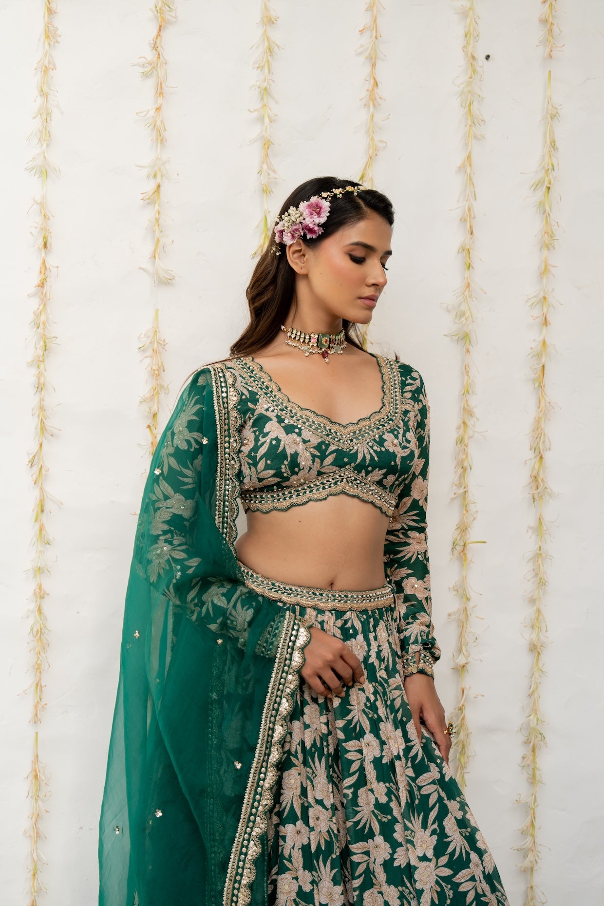 Bottle Green Crepe Tiered Skirt Set