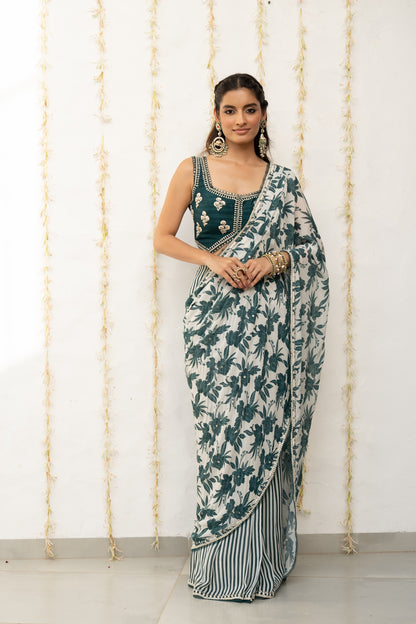 Ivory Teal Chiffon Draped Saree Set
