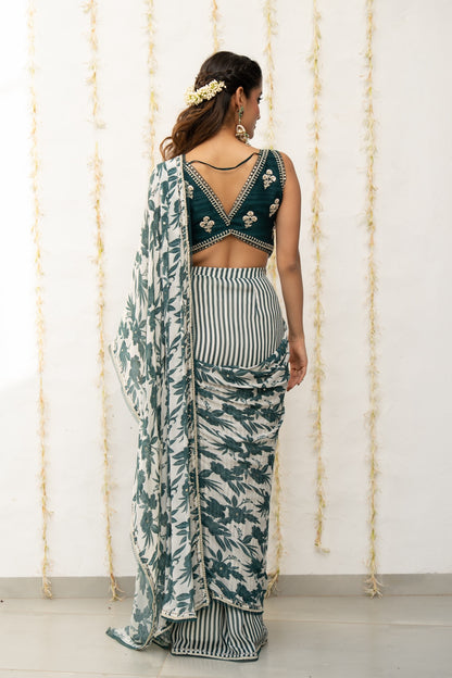 Ivory Teal Chiffon Draped Saree Set