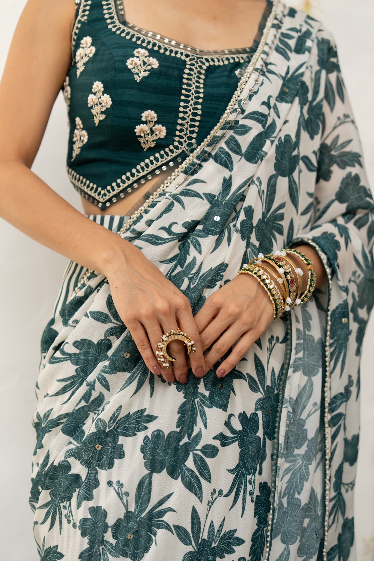 Ivory Teal Chiffon Draped Saree Set