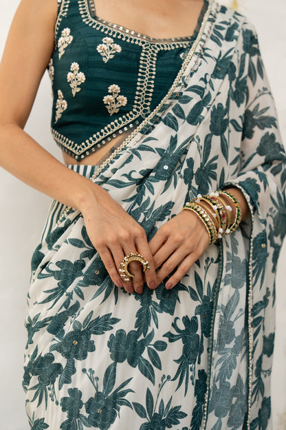 Ivory Teal Chiffon Draped Saree Set