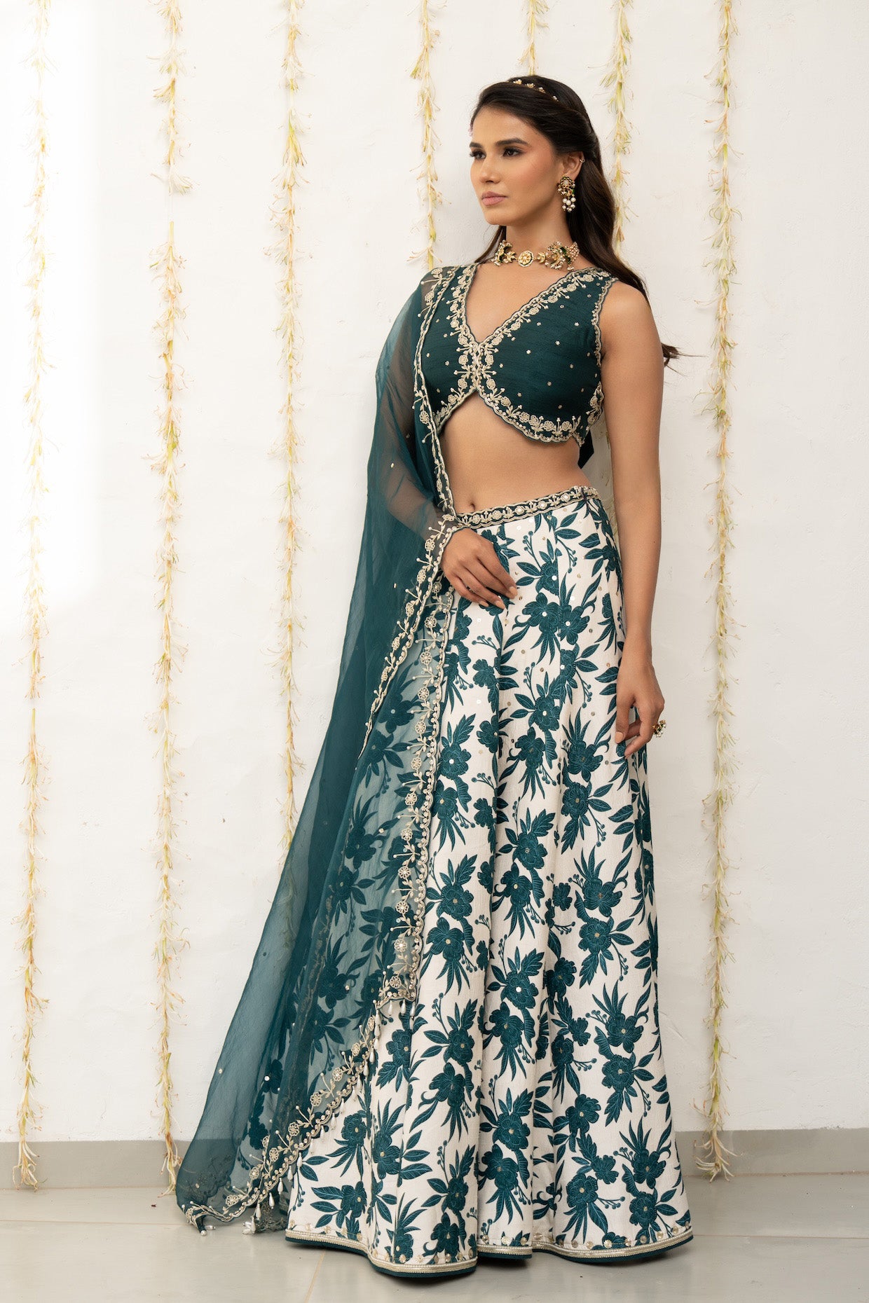 Ivory-Teal Silk Printed & Embroidered Lehenga Set