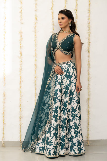 Ivory-Teal Silk Printed & Embroidered Lehenga Set