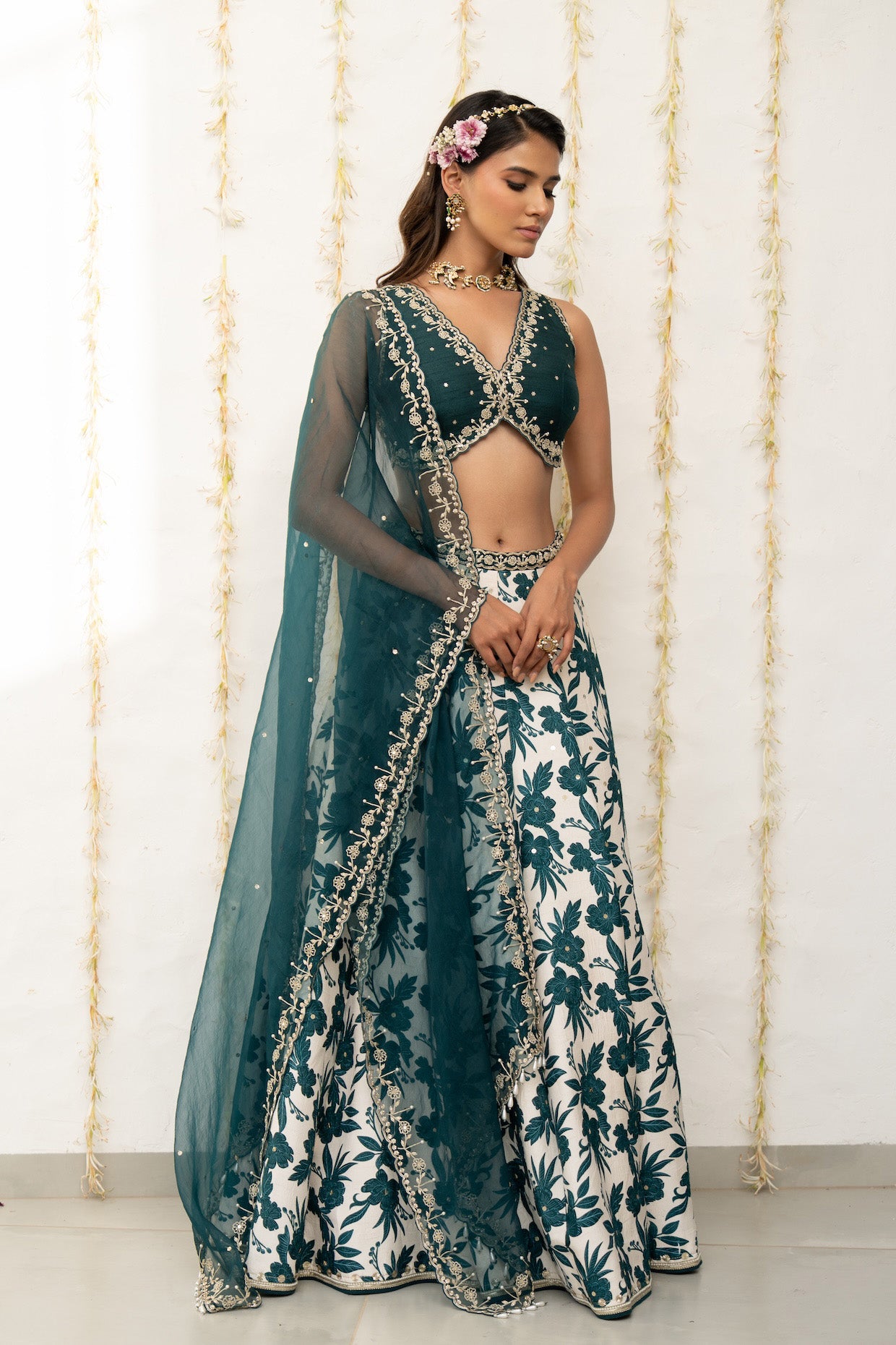 Ivory-Teal Silk Printed & Embroidered Lehenga Set