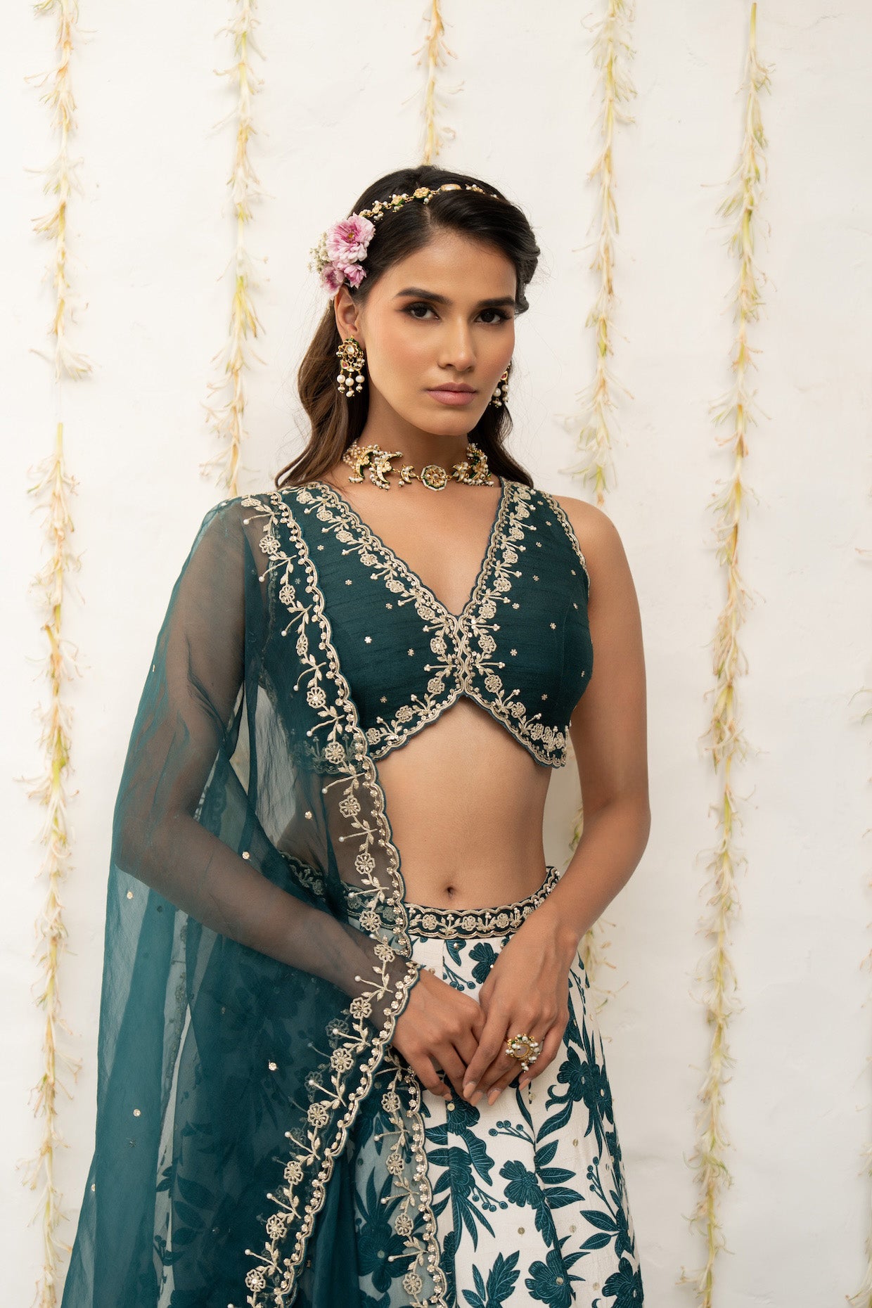 Ivory-Teal Silk Printed & Embroidered Lehenga Set