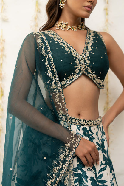 Ivory-Teal Silk Printed & Embroidered Lehenga Set