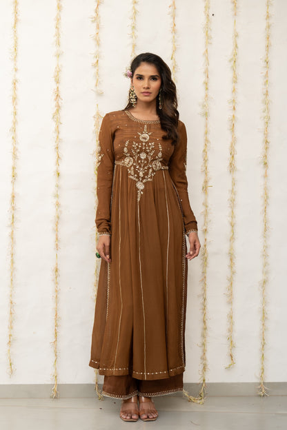 Cocoa Brown Silk Embroidered High Slit Kurta Set