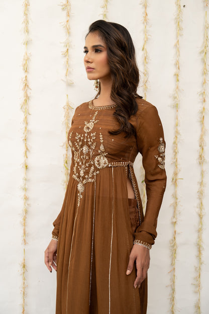 Cocoa Brown Silk Embroidered High Slit Kurta Set