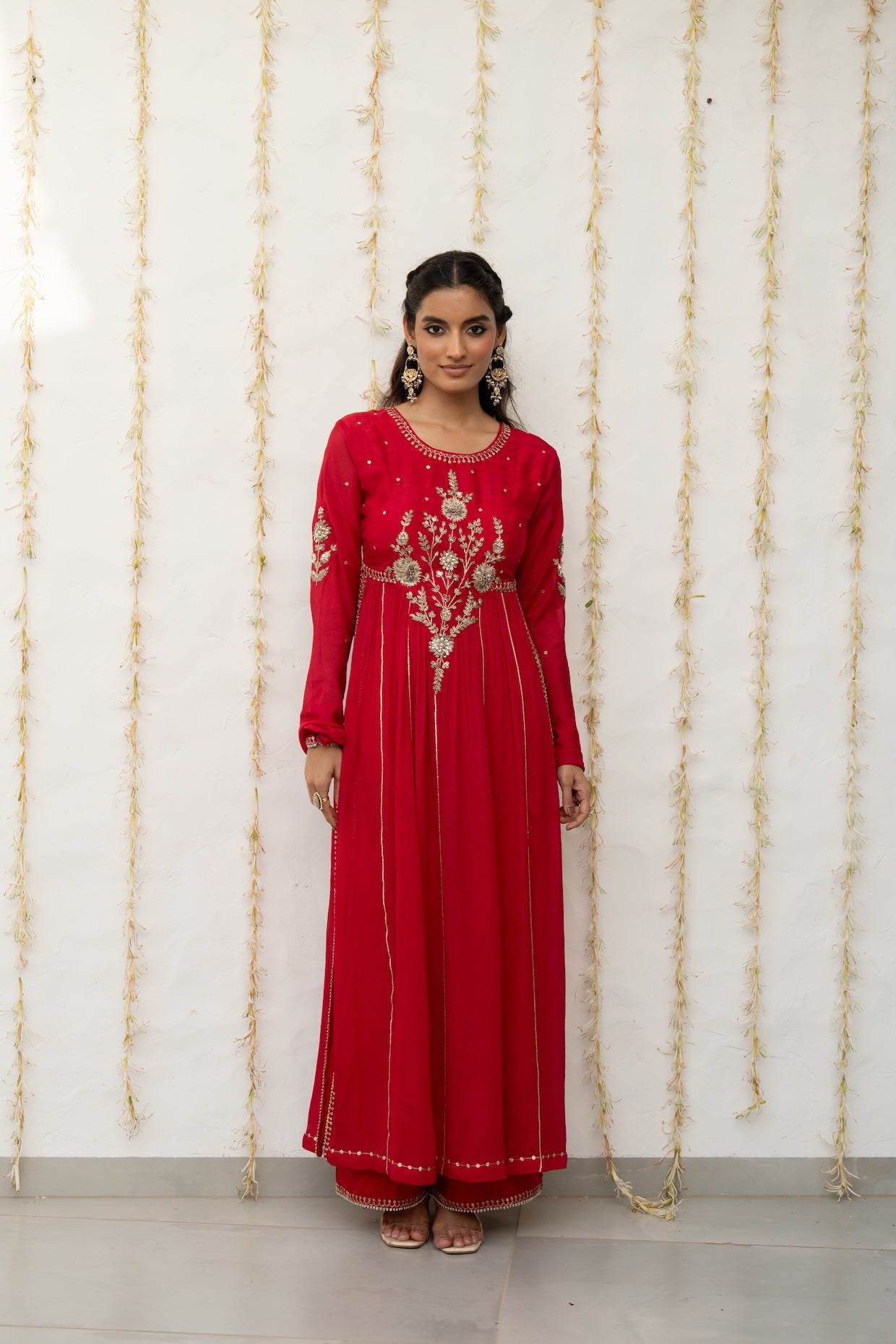 Cherry Red Silk Embroidered High Slit Kurta Set