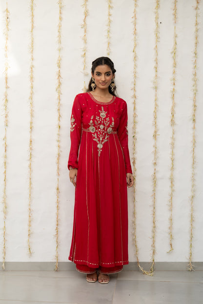 Cherry Red Silk Embroidered High Slit Kurta Set