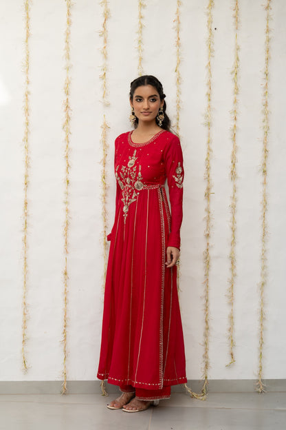 Cherry Red Silk Embroidered High Slit Kurta Set
