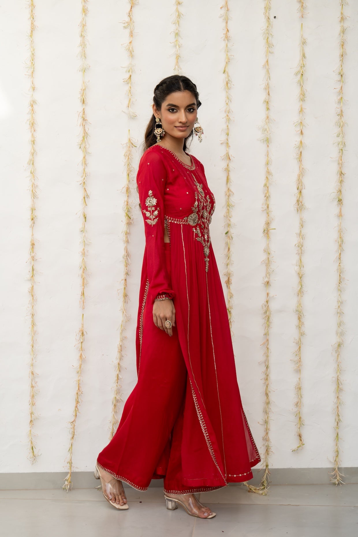 Cherry Red Silk Embroidered High Slit Kurta Set