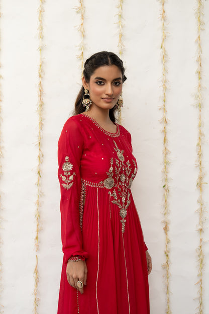 Cherry Red Silk Embroidered High Slit Kurta Set