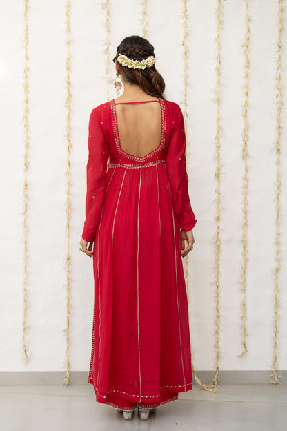 Cherry Red Silk Embroidered High Slit Kurta Set