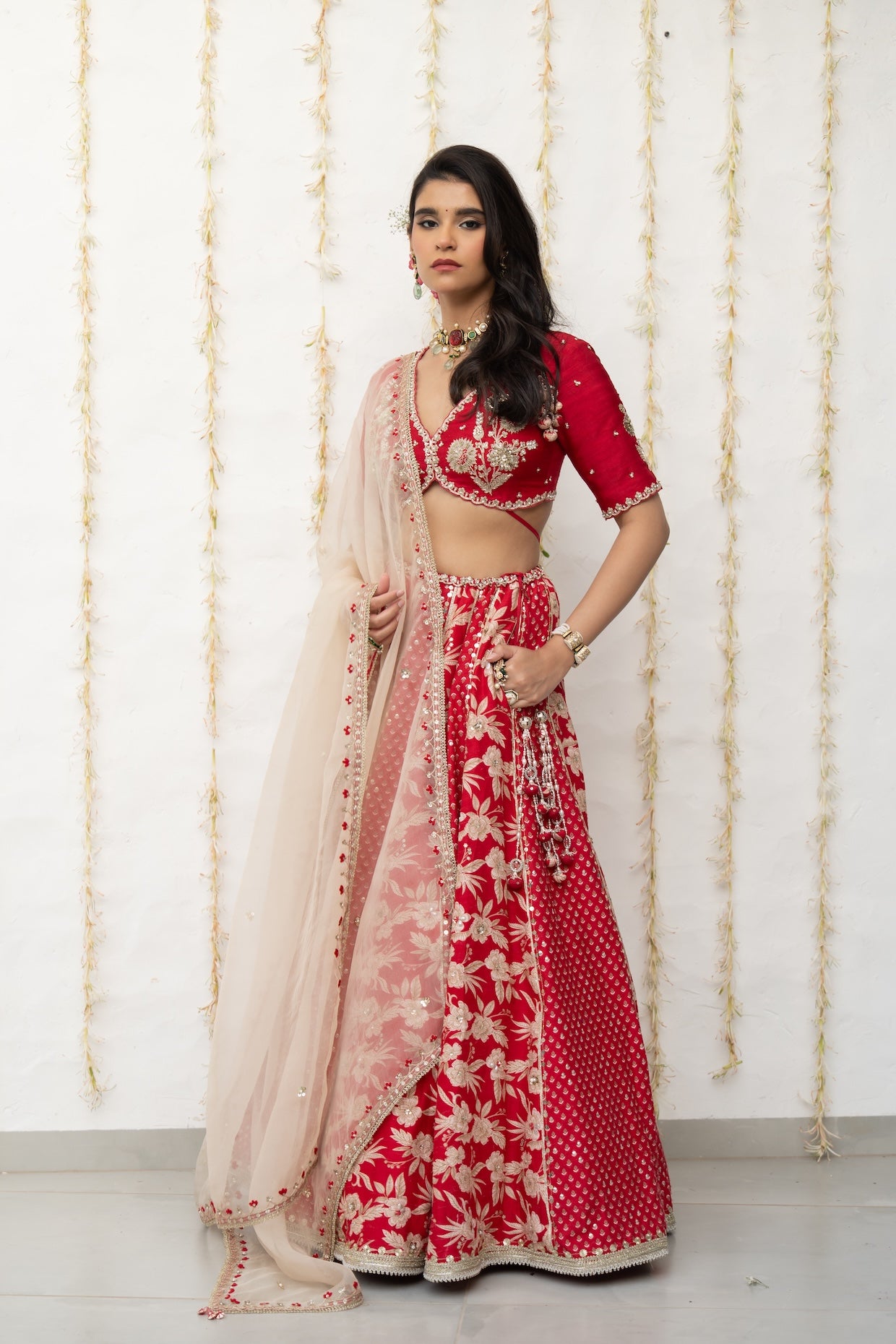 Cherry Red Silk Embroidered Concept Lehenga Set